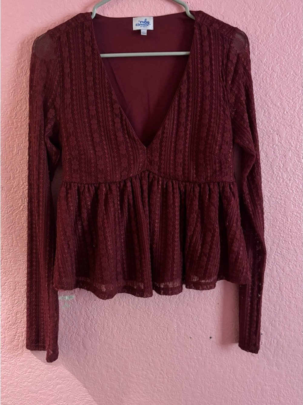 Ruby & Bloom Burgundy Lace Peplum Long-Sleeve Top